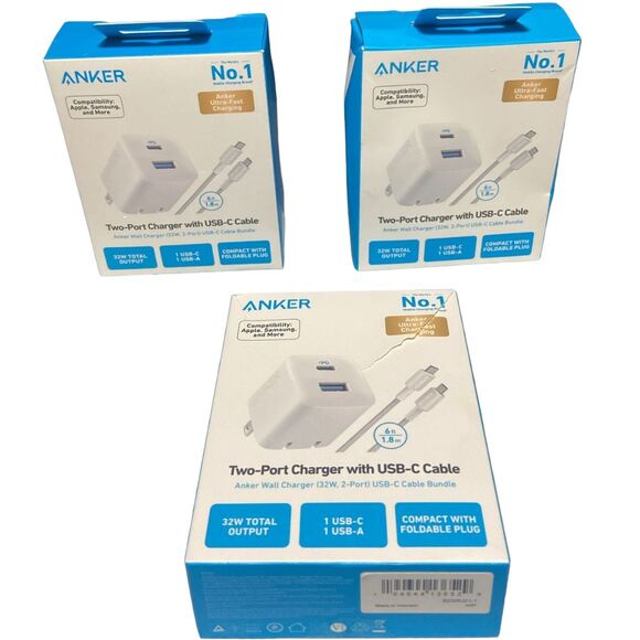 Anker 33W 2‑Port USB‑C Wall Charger + 6ft Cable White Lot of 3 NEW Box Wear - Picture 1 of 10